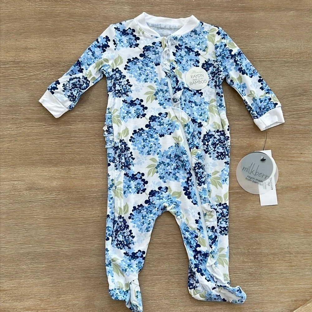 Milkberry Baby Girl Bamboo Footie Sleeper Hydrangea 3-6 6-9 months Ruffle Back - Picture 1 of 7